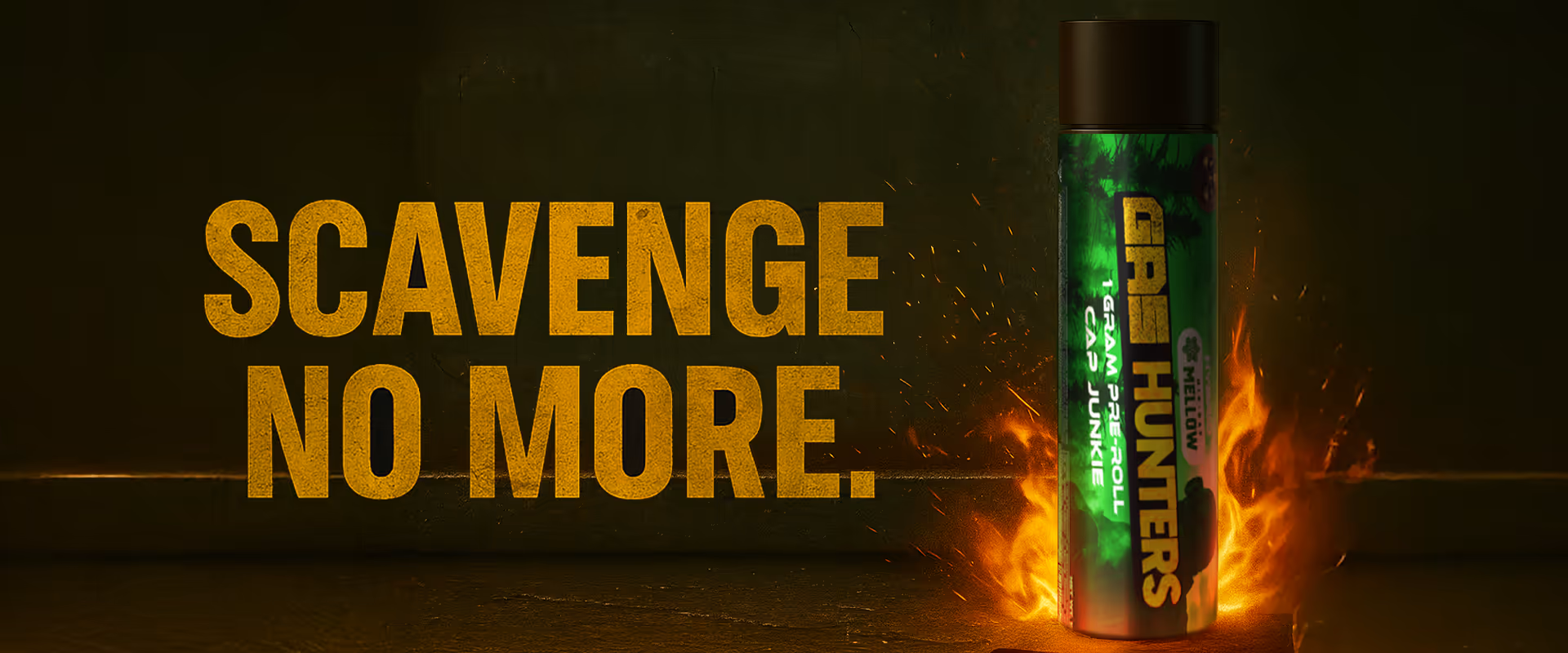 “Scavenge No More” Gas Hunters banner with broken glass and tip of a vape cartridge