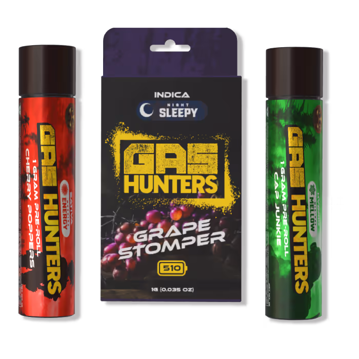 Illustration of Gas Hunters “Combo” pack showcasing a vape pen and pre-roll on concrete