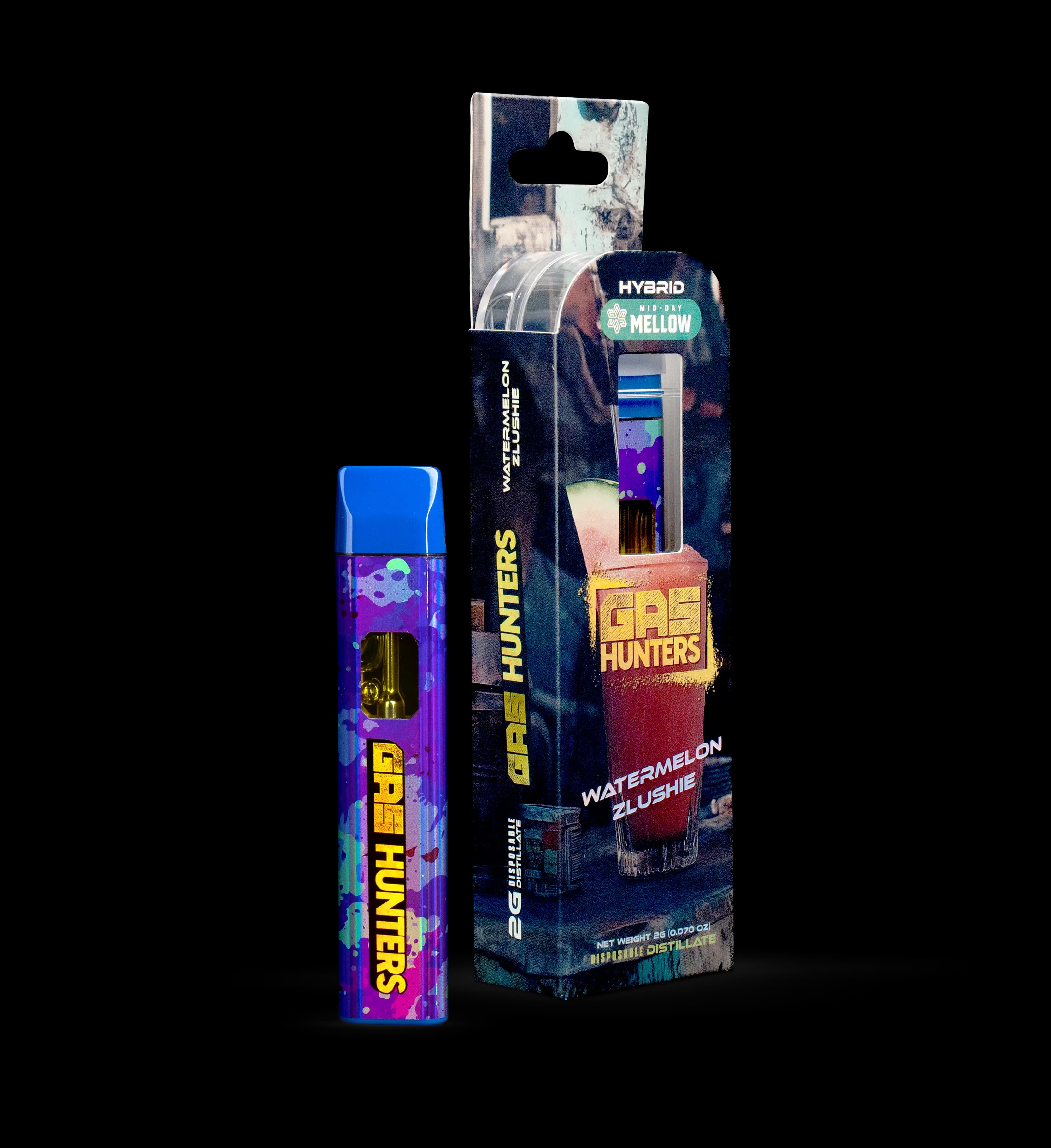 Illustration of Gas Hunters “Combo” pack showcasing a vape pen and pre-roll on concrete